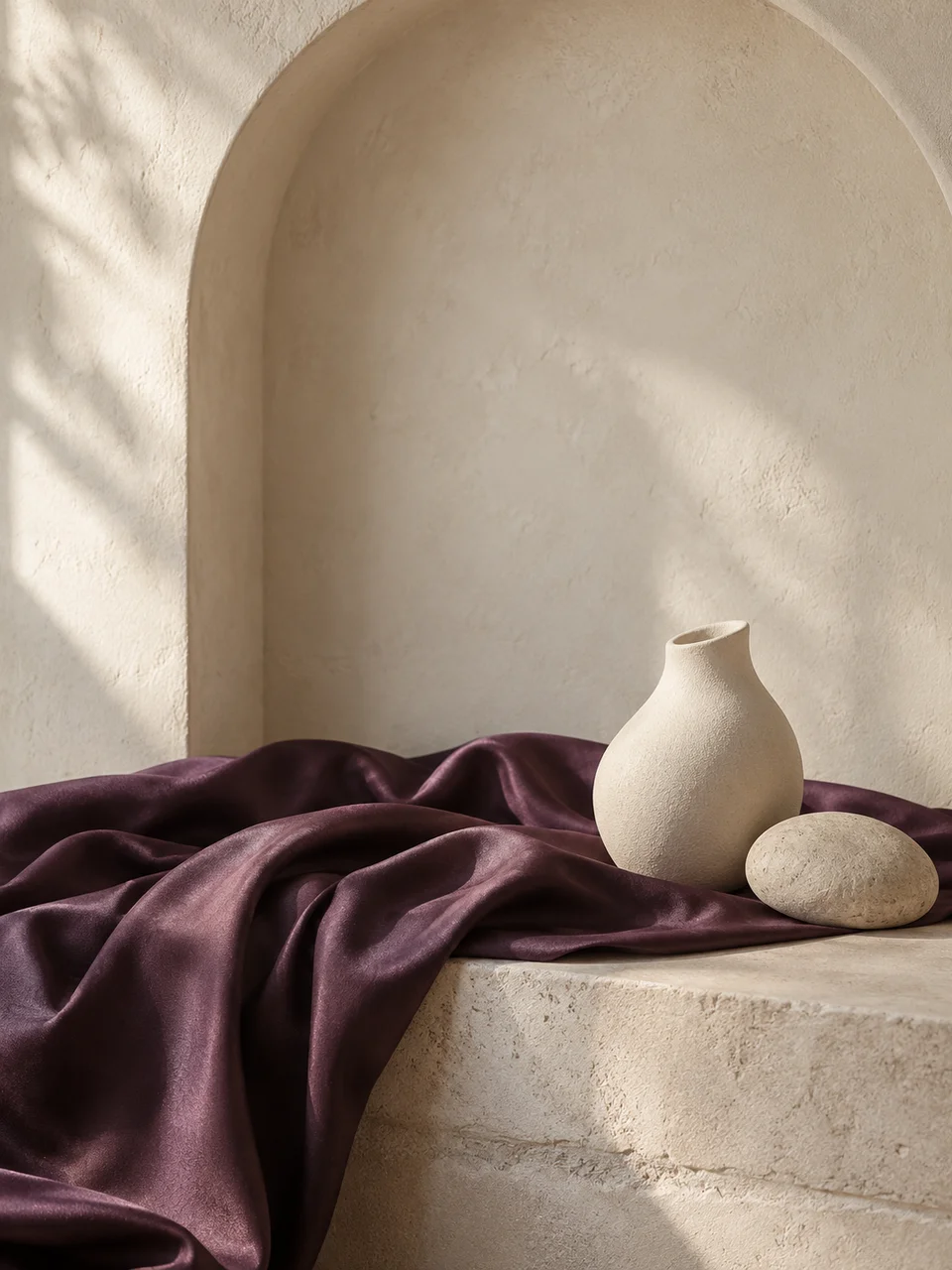 Plum satin, an ivory ceramic vessel and a pale stone in a sunlit arched alcove.