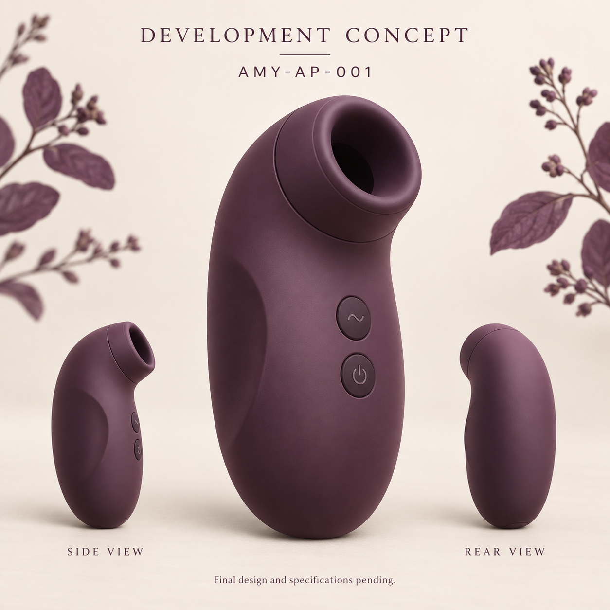 Development concept illustration of Amormyra Air Pulse Massager AMY-AP-001 in plum, shown from three angles.