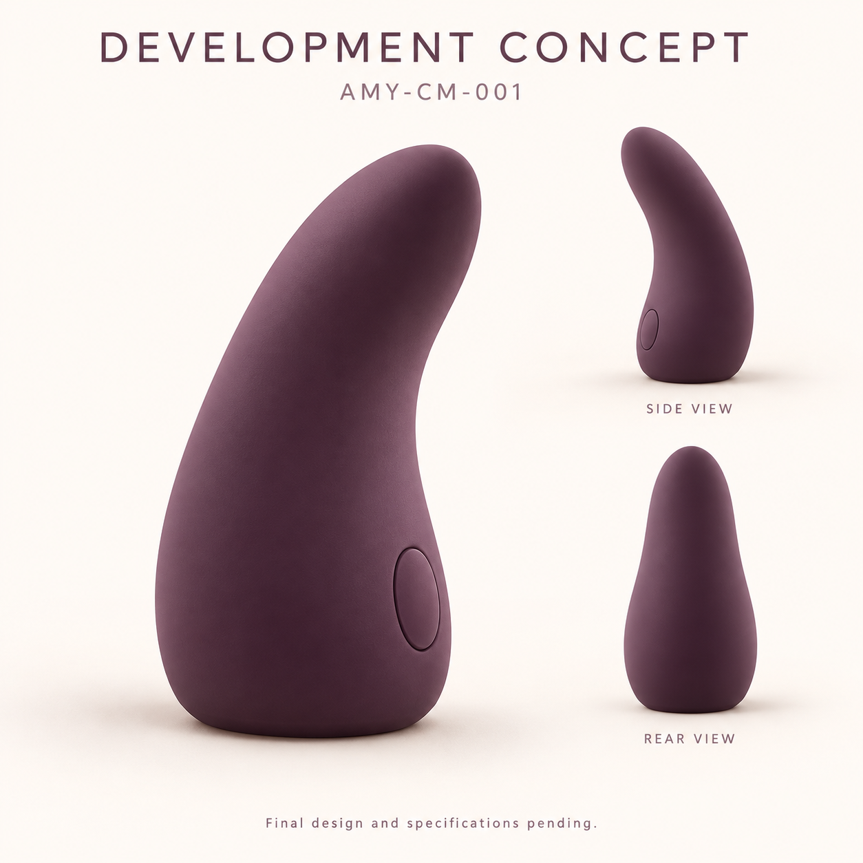 Development concept illustration of Amormyra Compact Massager AMY-CM-001 in plum, shown from three angles.