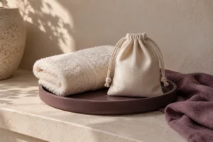 An ivory towel and linen storage pouch on a plum ceramic tray.