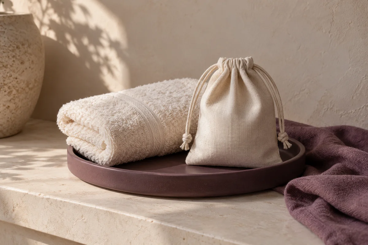 An ivory towel and linen storage pouch on a plum ceramic tray.