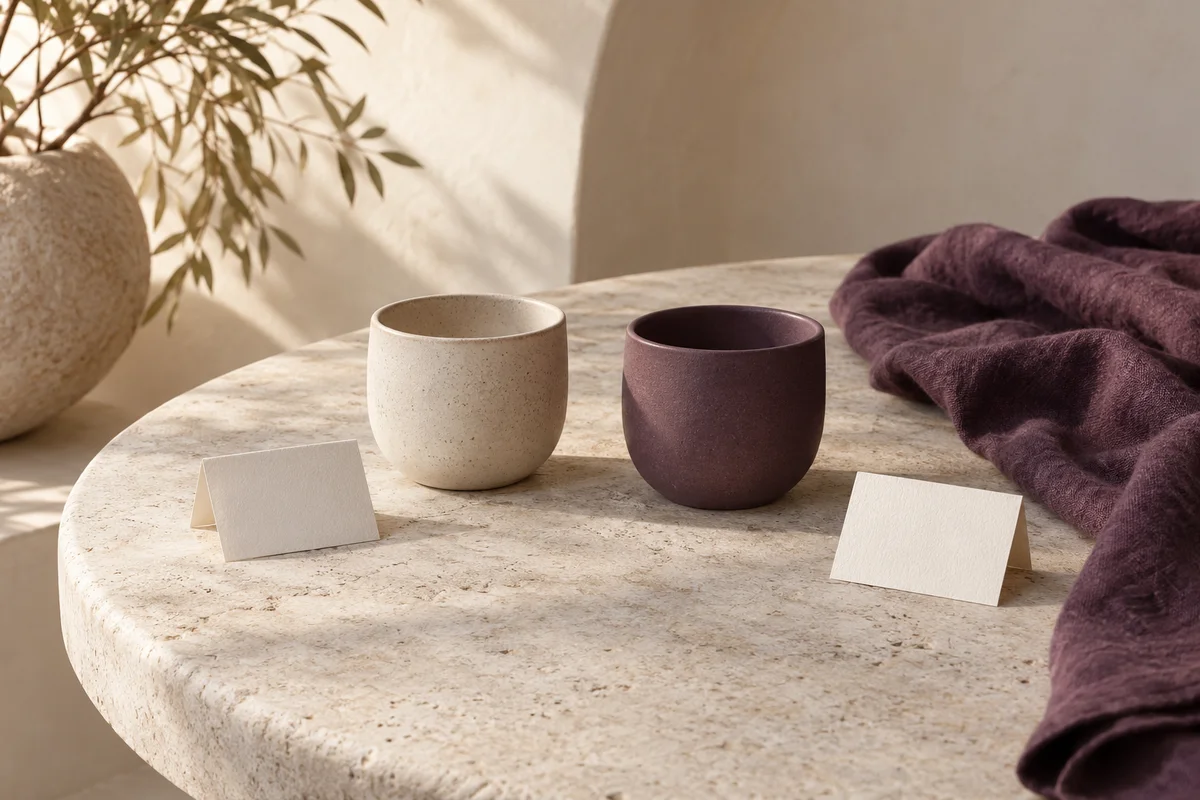 Ivory and plum ceramic cups with two blank note cards on a rounded stone table.