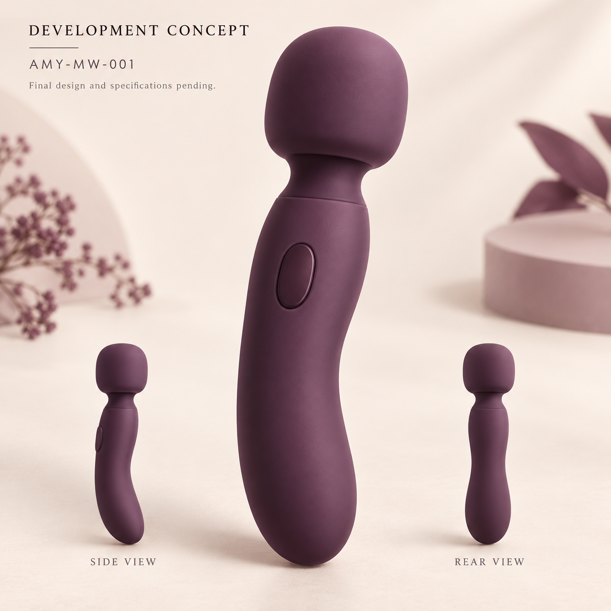 Development concept illustration of Amormyra Mini Wand AMY-MW-001 in plum, shown from three angles.