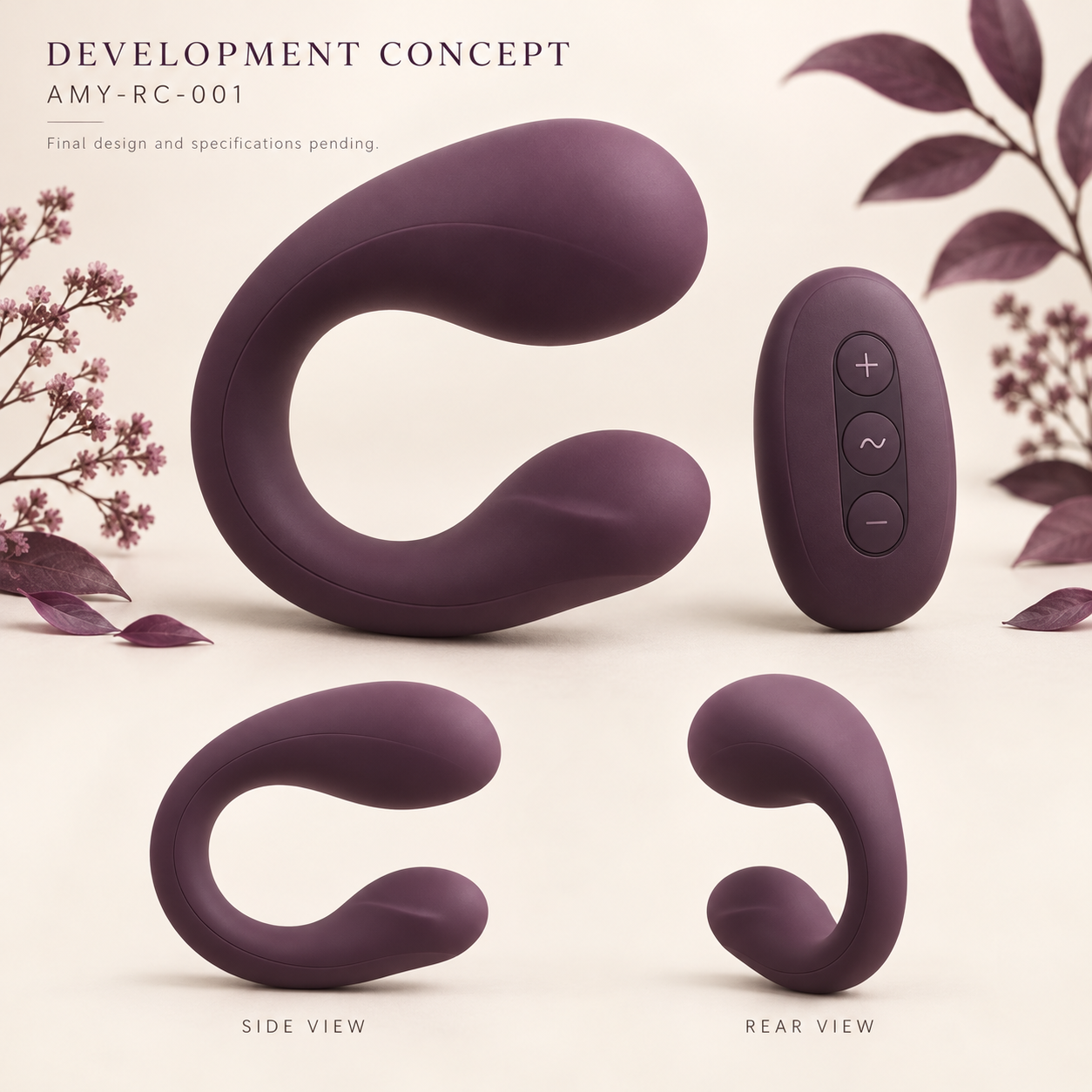 Development concept illustration of Amormyra Remote Couples Massager AMY-RC-001 in plum with matching remote.