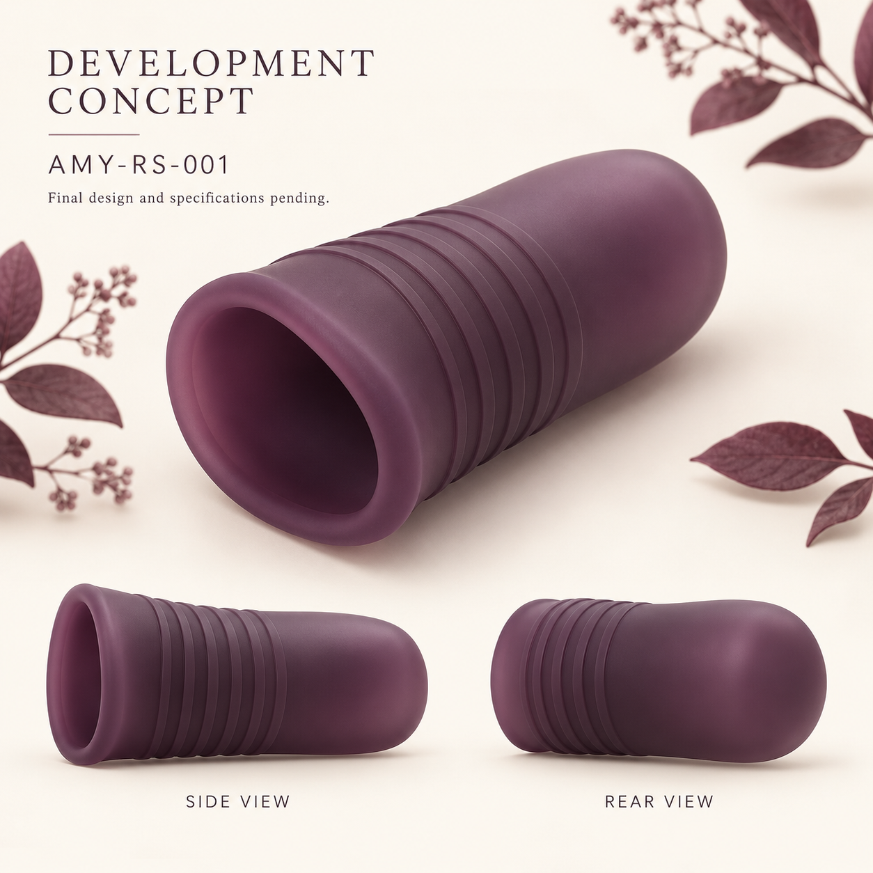Development concept illustration of Amormyra Reusable Sleeve AMY-RS-001 in plum, shown from three angles.