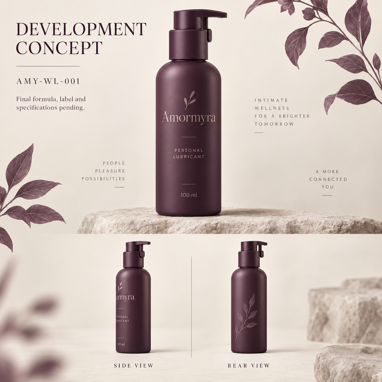 Development packaging concept for Amormyra Water-Based Lubricant AMY-WL-001 in a plum pump bottle.